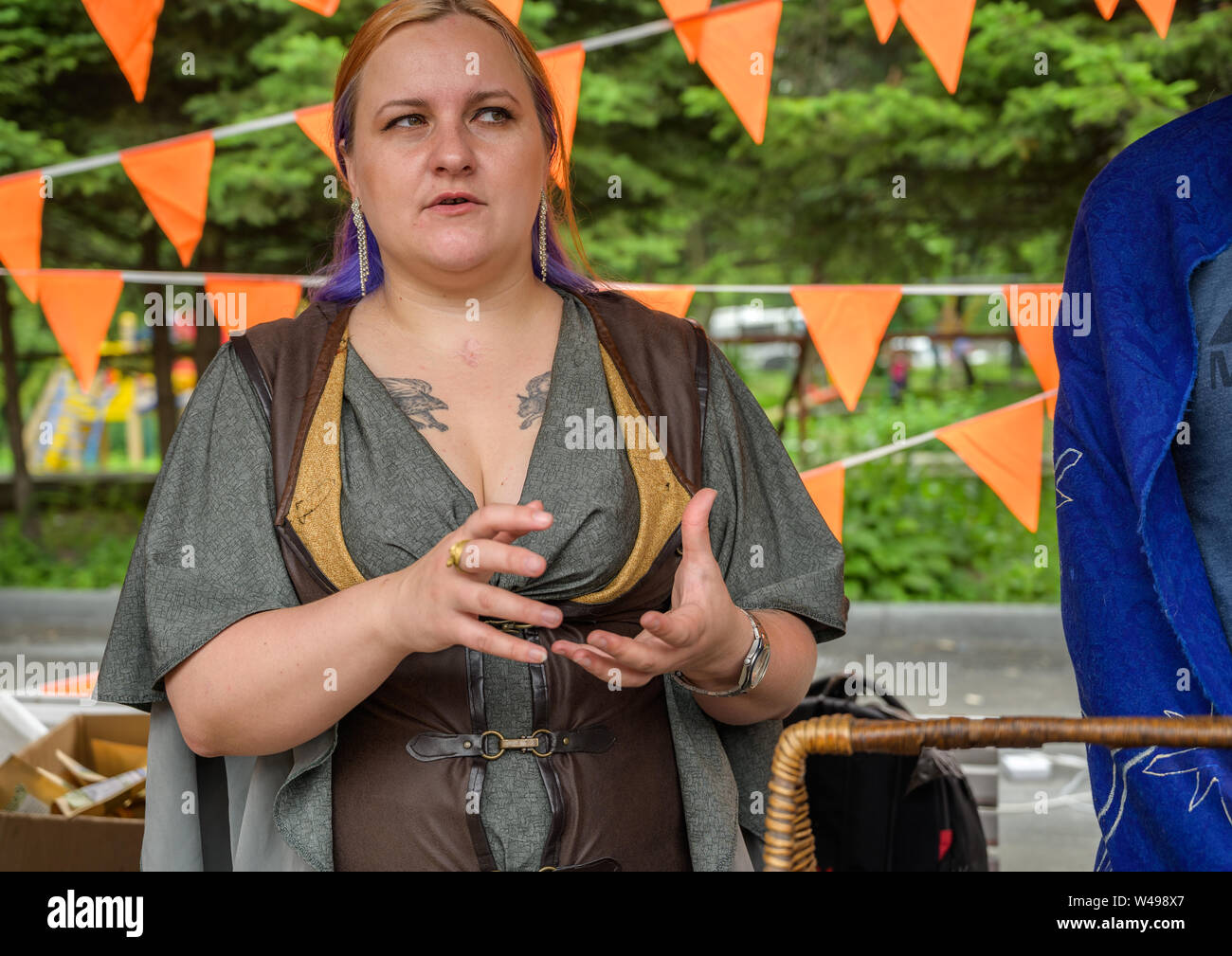 VLADIVOSTOK, RUSSIA - JULY 20, 2019: Festival on the game and a series of books series Witcher. People demonstrate their craft. Stock Photo