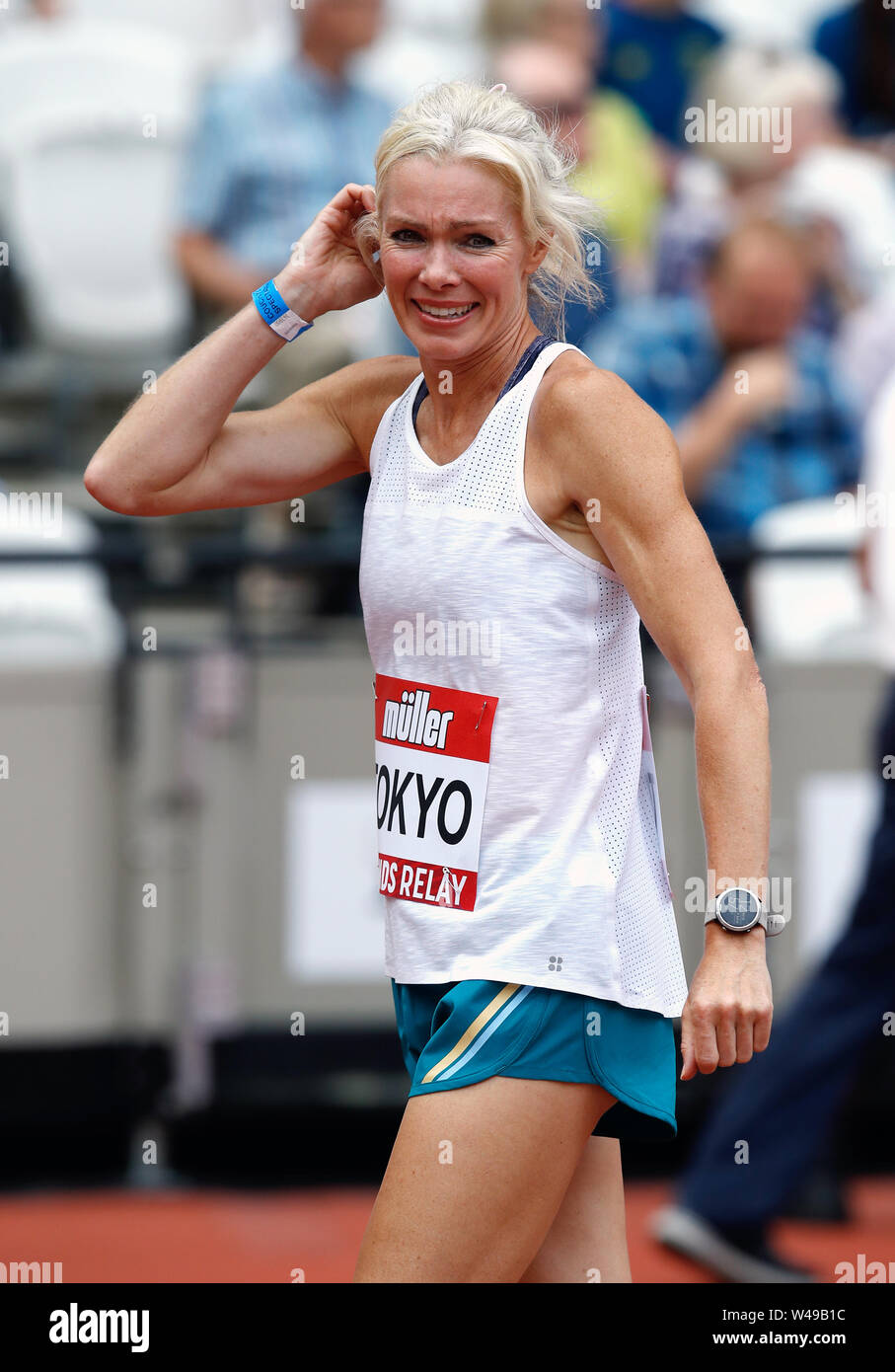 Nell McAndrew in the 4x100m Legends relay during day two of the IAAF London Diamond League meet at the London Stadium. Stock Photo