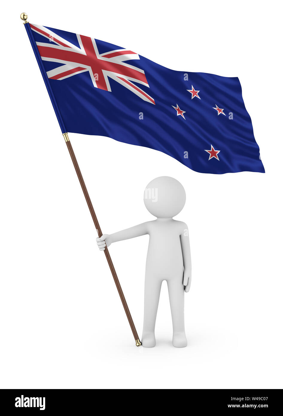 Kiwi Patriot Stickman Holding National Flag of the New Zealand 3D Illustration On White Background Stock Photo