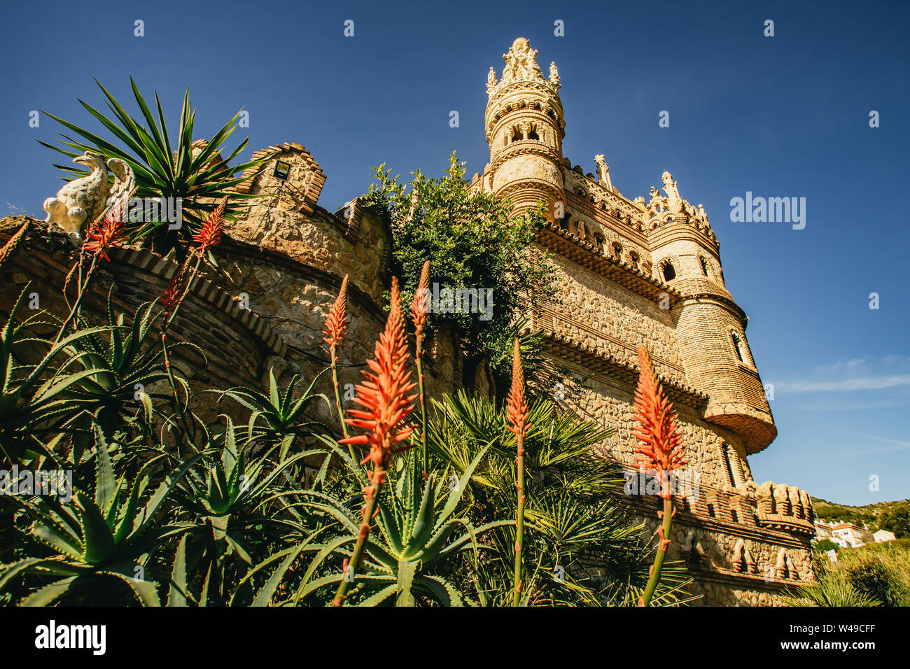 Red aloes flowering at Castillo de Colomares Stock Photo