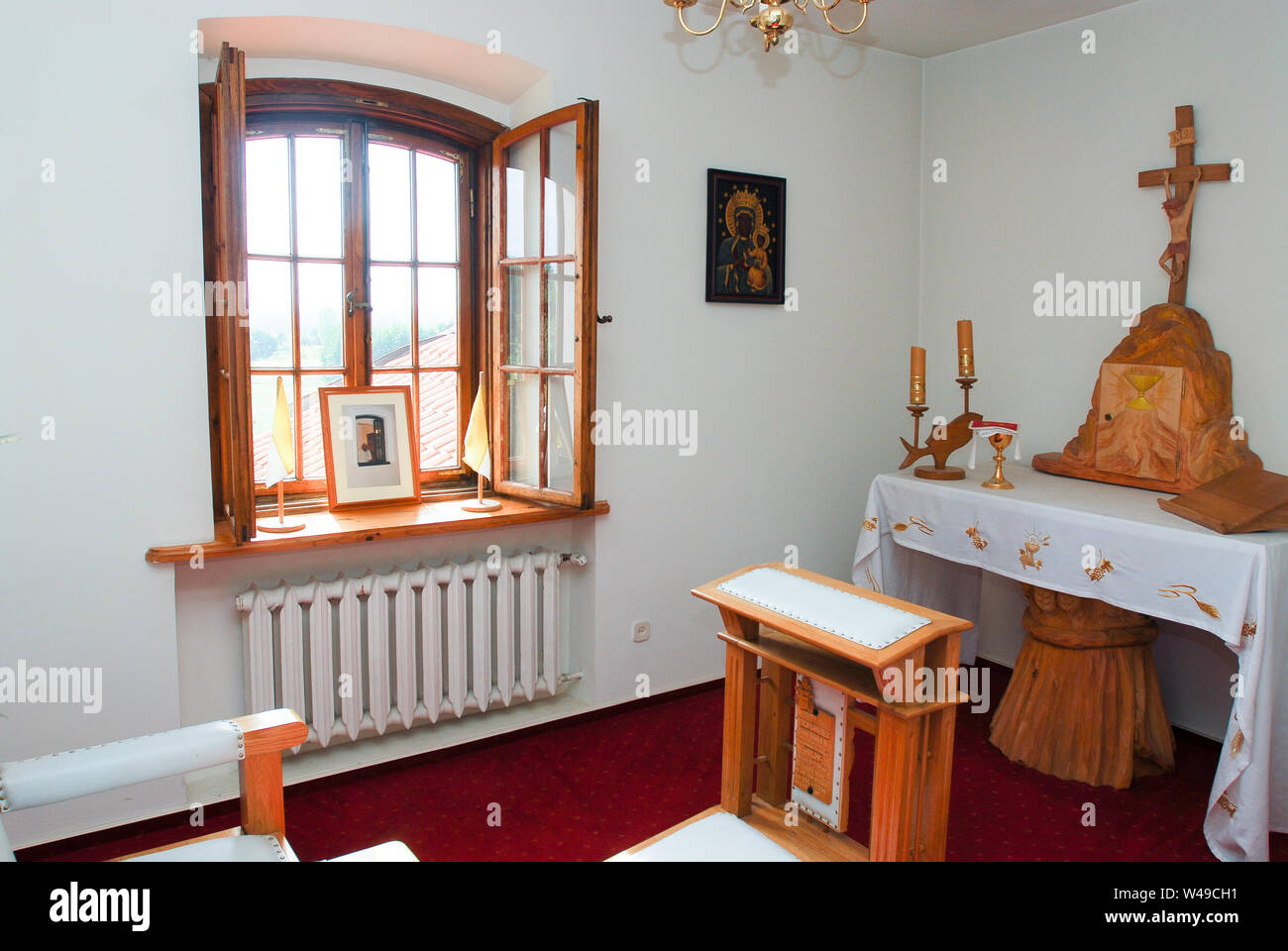 Pope John Paul II room in Former Baroque Camaldolese hermitage built in XVIII century in Wigry, Poland, during his pastoral trip to Poland in 1999. Ju Stock Photo