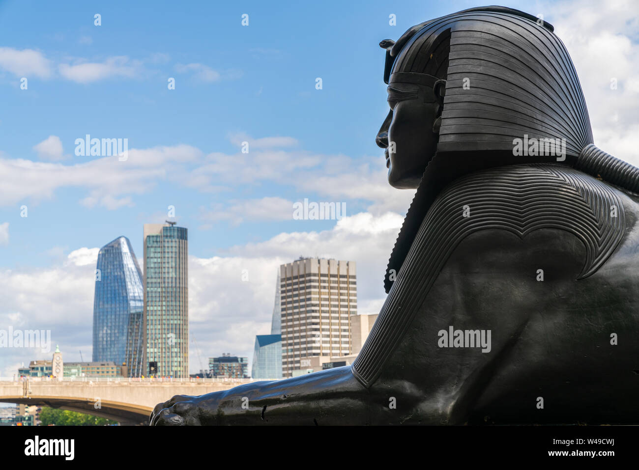 20th July 2019 - London, UK. Statue of the Sphinx at Cleopatra's Needle, located near river Thames, Victoria Embankment. Stock Photo