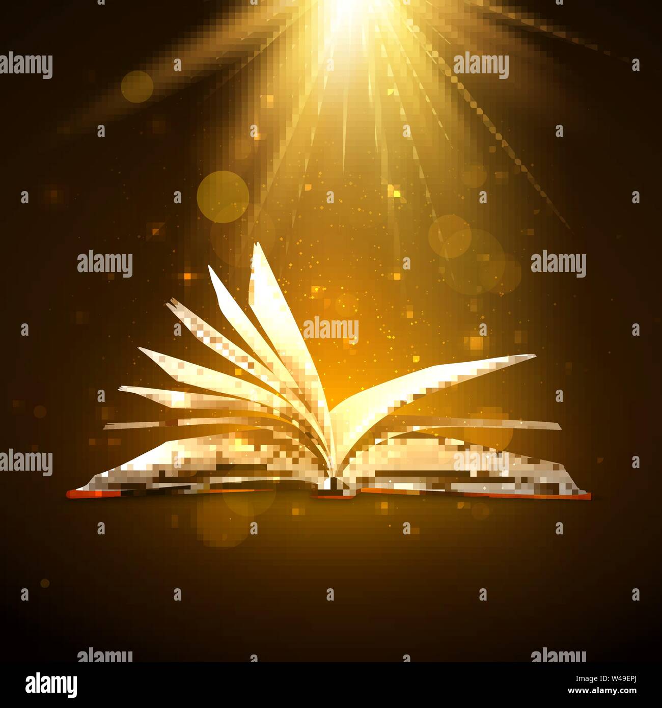 Open book with shining pages in brown colors. Fantasy book with magic light sparkles and stars. Vector illustration Stock Vector