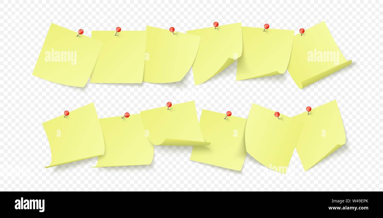 Empty yellow stickers with space for text or message stuck by clip to wall. Vector illustration isolated on transparent background Stock Vector