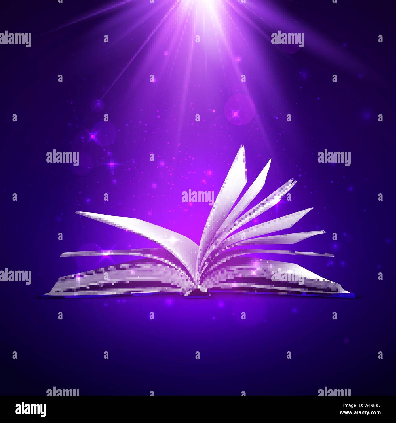 Mystery open book. Fantasy book with magic light and sparkles. Vector illustration in purple colors Stock Vector