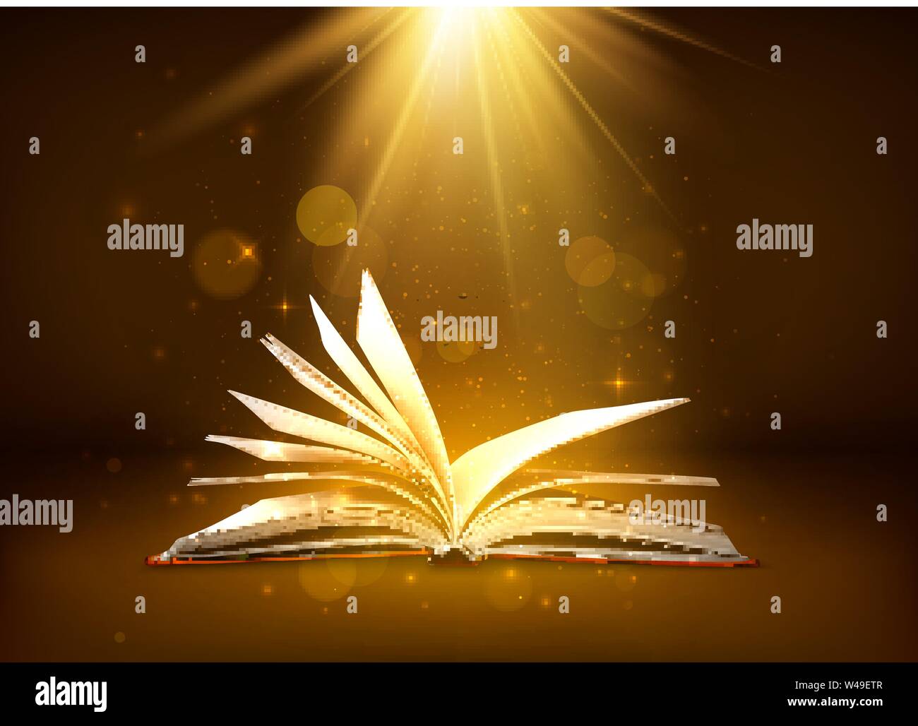 Mystery open book with shining pages in brown colors. Fantasy book with magic light sparkles and stars. Vector illustration Stock Vector