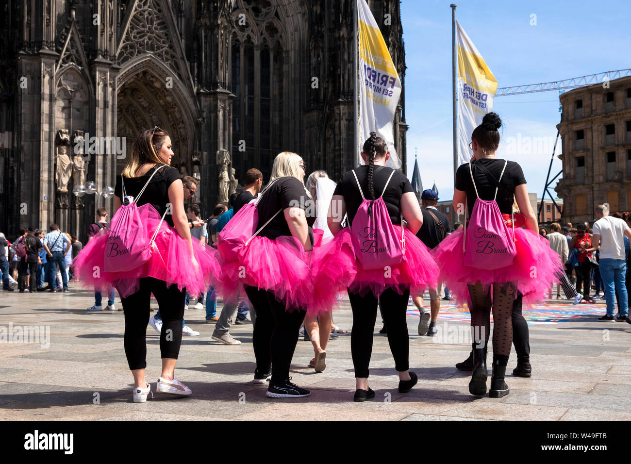 bachelorette party, women in pink tulle skirts in front of the cathedral, Cologne, Germany.  Junggesellinnenabschied, Frauen in pinkfarbenen Tuellroec Stock Photo