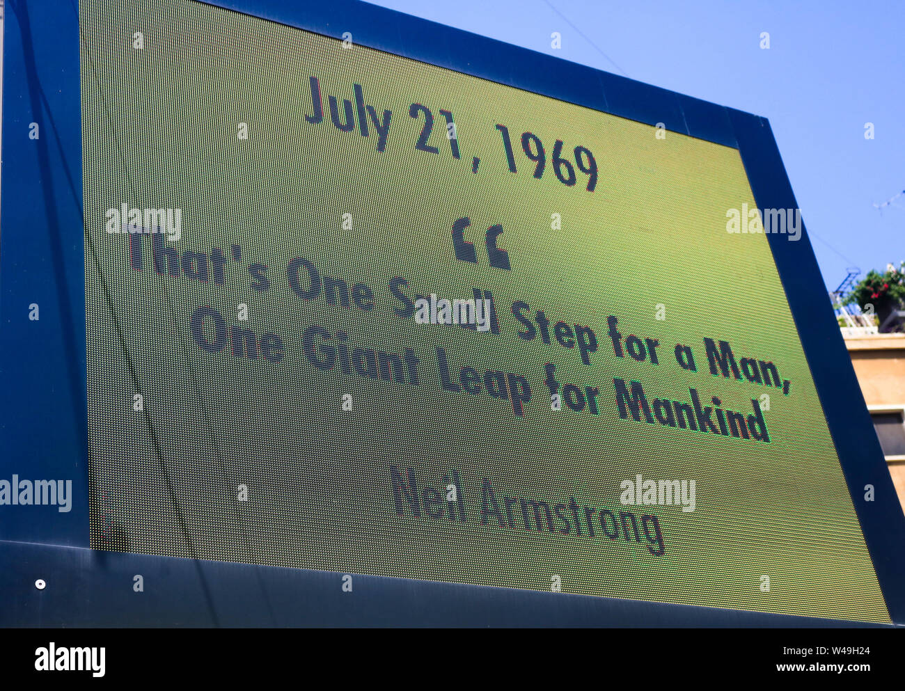Beirut, Lebanon. 21st July 2019. A giant billboard in Beirut celebrates the 50th anniversary of the Apollo 11 landing on the moon surface on 21 July 1969 with the famous quote by American astronaunt Neil Armstrong  Credit: amer ghazzal/Alamy Live News Stock Photo