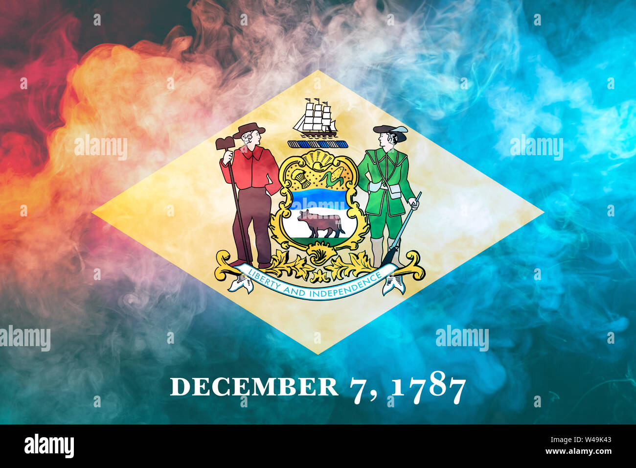 The National Flag Of The Us State Delaware In Against A Gray Smoke On The Day Of Independence In Different Colors Of Blue Red And Yellow Political An Stock Photo Alamy