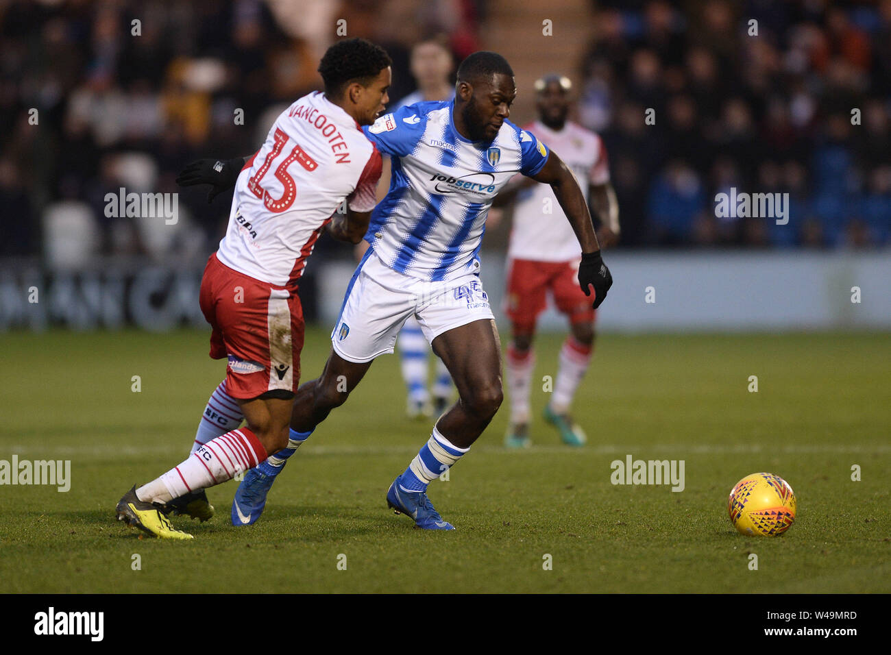 Frank Nouble of Colchester United does battle with Terence Vancooten of Stevenage - Colchester United v Stevenage, Sky Bet League Two, JobServe Community Stadium, Colchester - 26th December 2018 Stock Photo