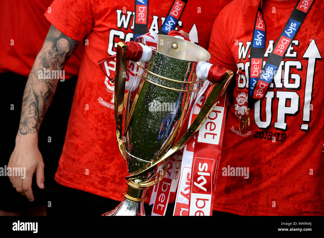 Lincoln City lift the League Two title trophy - Lincoln City v Colchester United, Sky Bet League Two, Sincil Bank, Lincoln - 4th May 2019  Editorial Use Only - DataCo restrictions apply Stock Photo