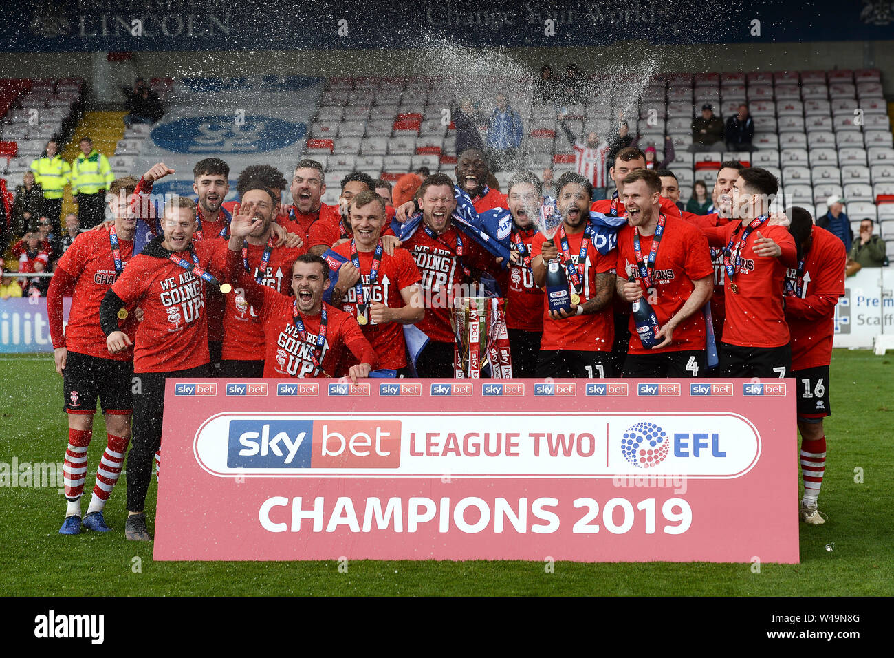 Lincoln City lift the League Two title trophy - Lincoln City v Colchester United, Sky Bet League Two, Sincil Bank, Lincoln - 4th May 2019  Editorial Use Only - DataCo restrictions apply Stock Photo
