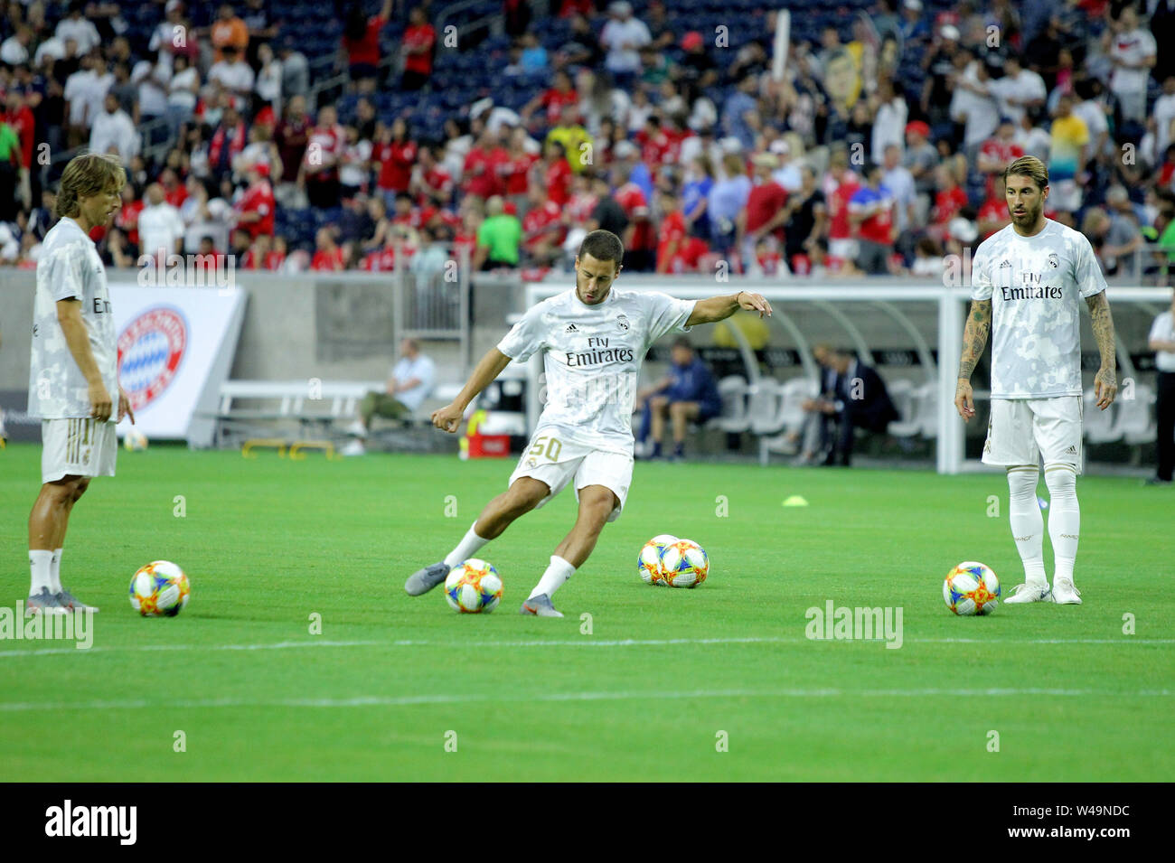 Houston, Texas, USA. 20th July, 2019. (from L-to-R) Real Madrid CF midfielder Luka Modric (10), forward Eden Hazard (50) and defender Sergio Ramos (4) prior to the International Champions Cup soccer match between Real Madrid CF and FC Bayern Munich at NRG Stadium in Houston, TX on July 20, 2019. Credit: Erik Williams/ZUMA Wire/Alamy Live News Stock Photo