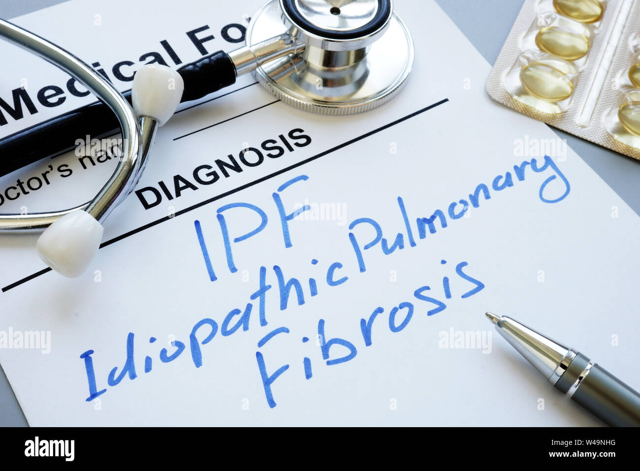 Medical form and diagnosis IPF idiopathic pulmonary fibrosis. Stock Photo