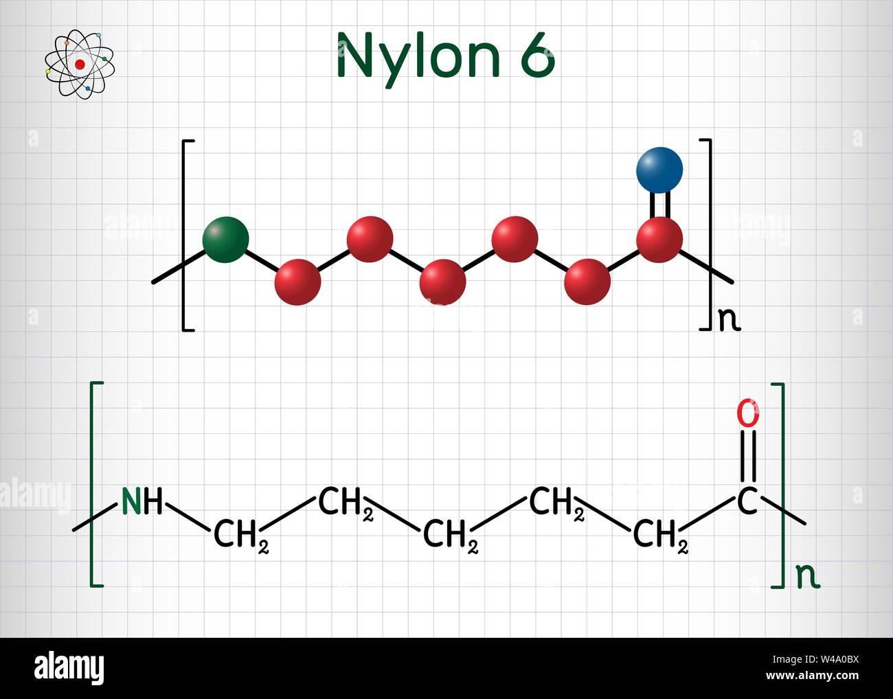 Nylon 6 or polycaprolactam polymer molecule. Structural chemical formula  and molecule model. Sheet of paper in a cage. Vector illustration Stock  Vector Image & Art - Alamy