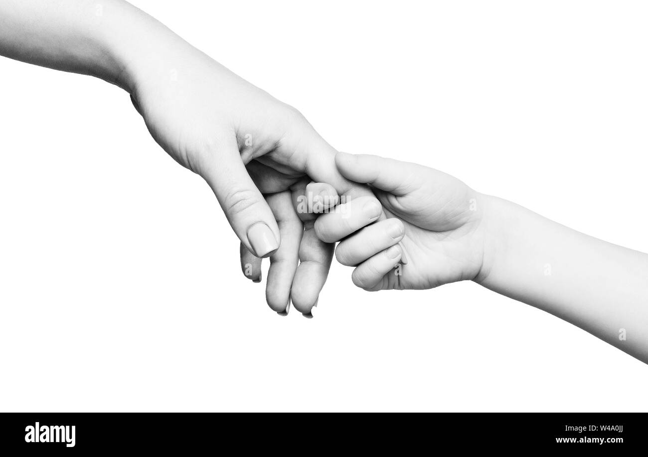 Child hand holding mother finger on white background Stock Photo