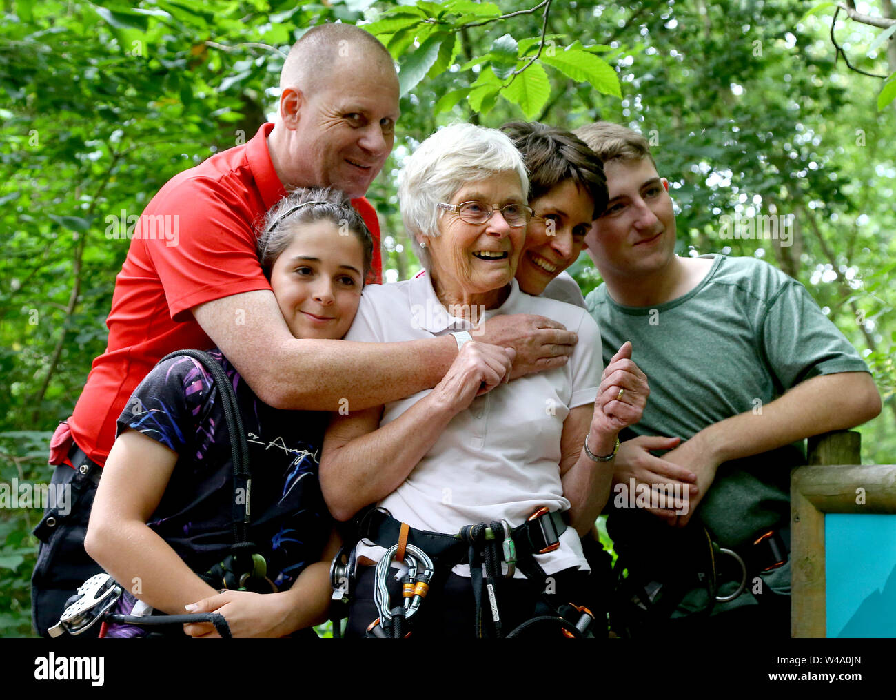 Eileen Noble 84 Celebrates With Her Family After After Finishing A A 250 Metres Zip Wire As She Becomes The Oldest Person To Complete The Go Ape Treetop Challenge At Leeds Castle