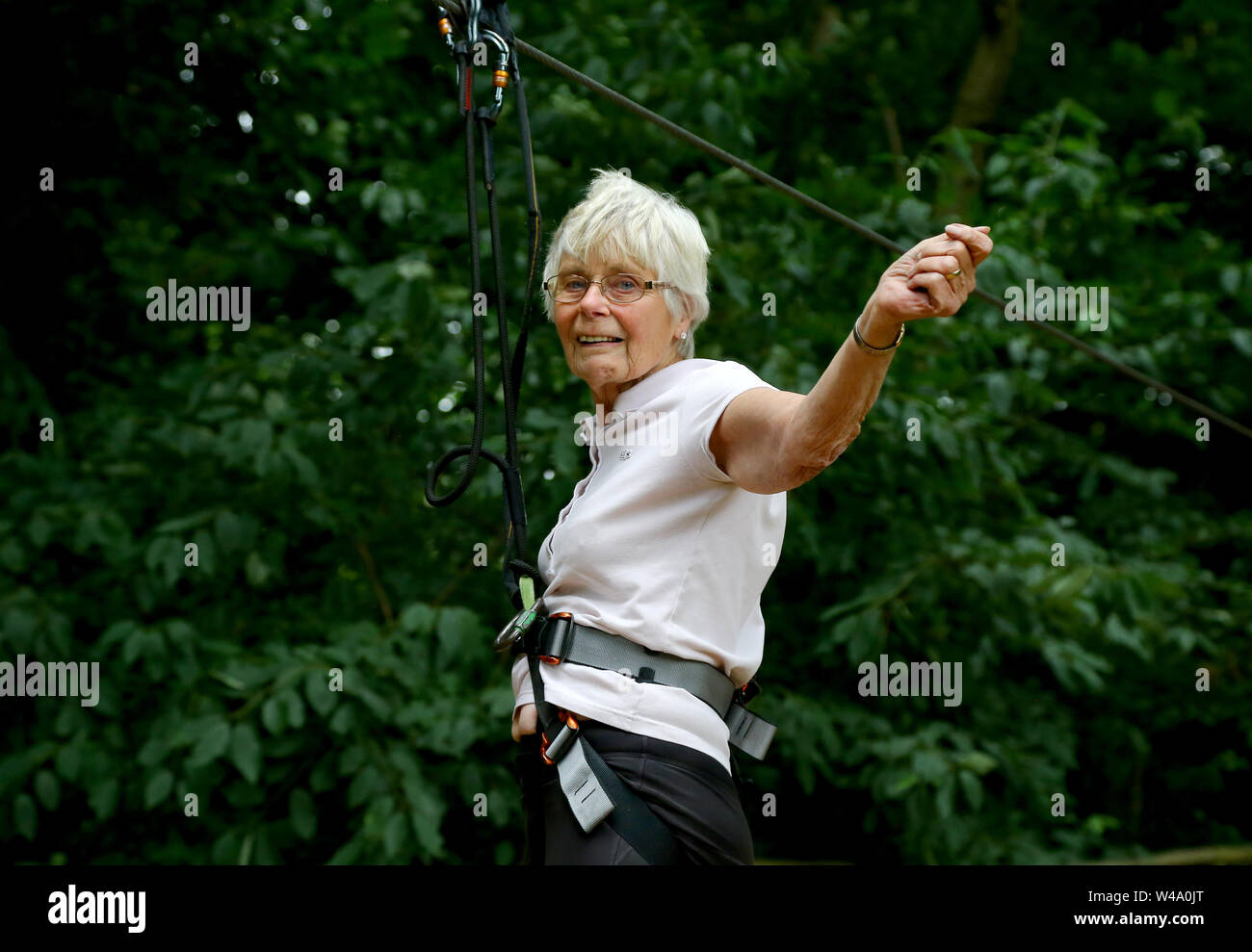 Eileen Noble 84 Lands Back On The Ground After Finishing A A 250 Metres Zip Wire As She Becomes The Oldest Person To Complete The Go Ape Treetop Challenge At Leeds Castle