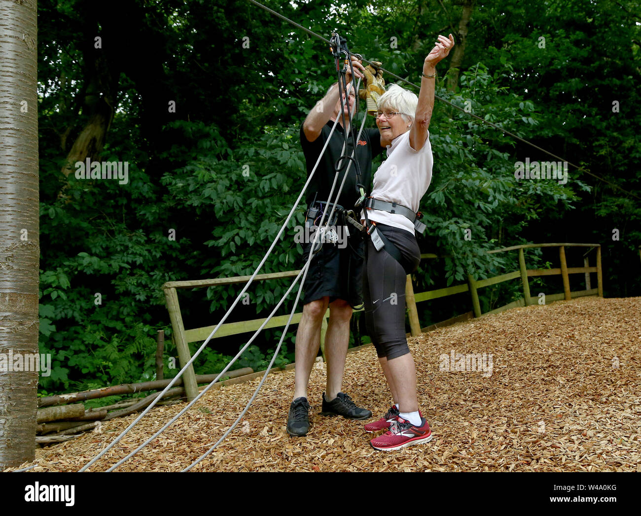 Eileen Noble 84 Lands Back On The Ground After Finishing A A 250 Metres Zip Wire As She Becomes The Oldest Person To Complete The Go Ape Treetop Challenge At Leeds Castle