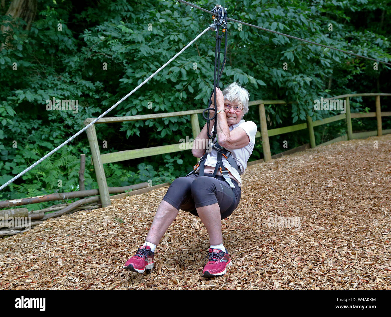 Eileen Noble 84 Lands Back On The Ground After Finishing A A 250 Metres Zip Wire As She Becomes The Oldest Person To Complete The Go Ape Treetop Challenge At Leeds Castle