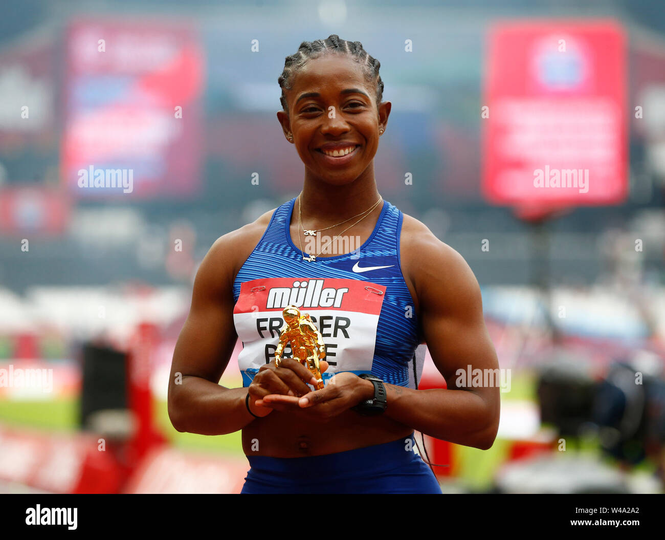 London, UK. 21st July, 2019. LONDON, ENGLAND. JULY 21: Shelly Ann Fraser-Pryce (JAM) Winner of the 100m Women -Final during Day Two of IAAF Diamond League the Muller Anniversary Games at London Stadium on July 20, 2019 in London, England. Credit: Action Foto Sport/Alamy Live News Stock Photo