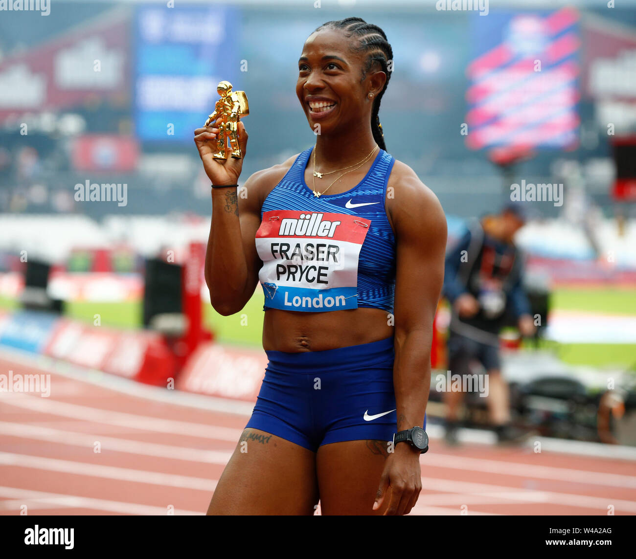 London, UK. 21st July, 2019. LONDON, ENGLAND. JULY 21: Shelly Ann Fraser-Pryce (JAM) Winner of the 100m Women -Final during Day Two of IAAF Diamond League the Muller Anniversary Games at London Stadium on July 20, 2019 in London, England. Credit: Action Foto Sport/Alamy Live News Stock Photo