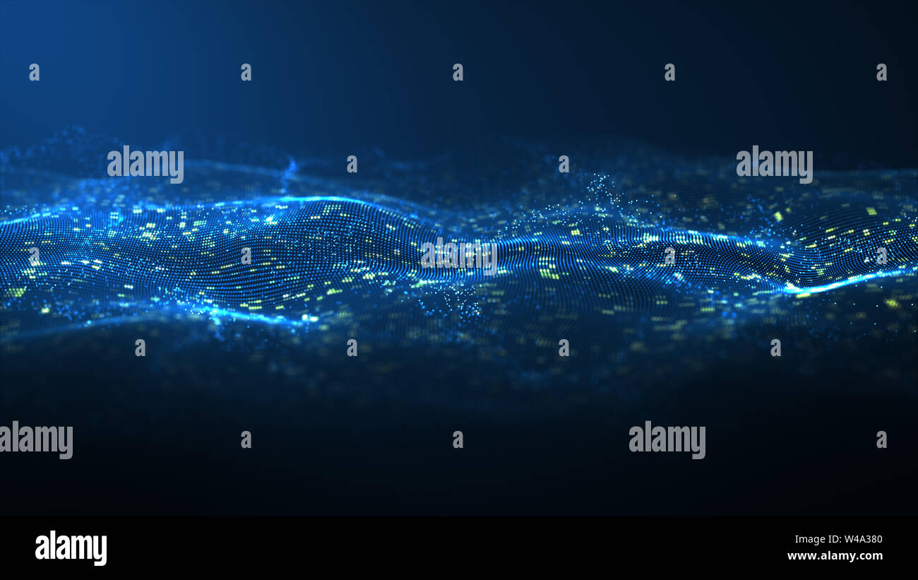 Abstract digital blue color wave with flowing small particles dance ...