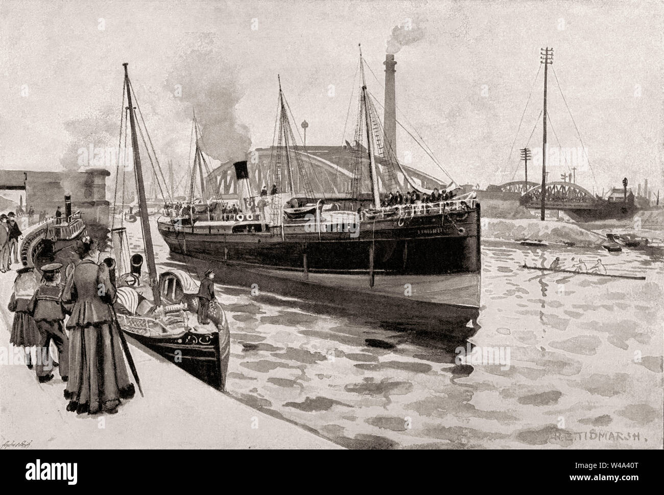 Steamer passing Barton Road Swing Bridge, Greater Manchester, England, UK, 19th century Stock Photo