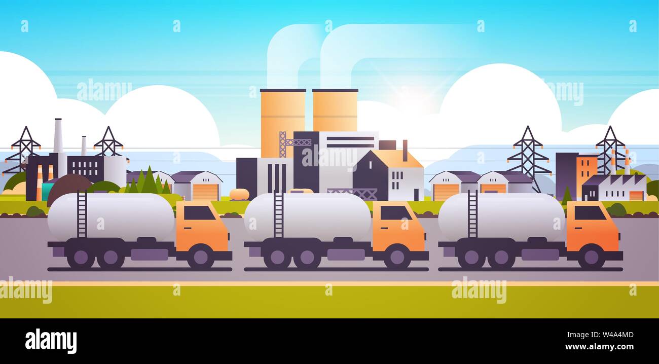 factory building industrial zone with gas or oil tanker trucks pipes chimneys nature pollution dirty waste polluted environment production technology Stock Vector