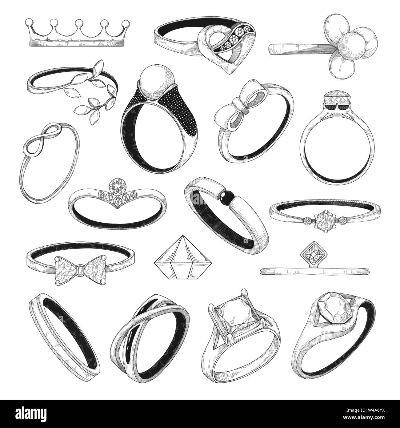Hand drawn set of different jewelry rings. Vector illustration of a