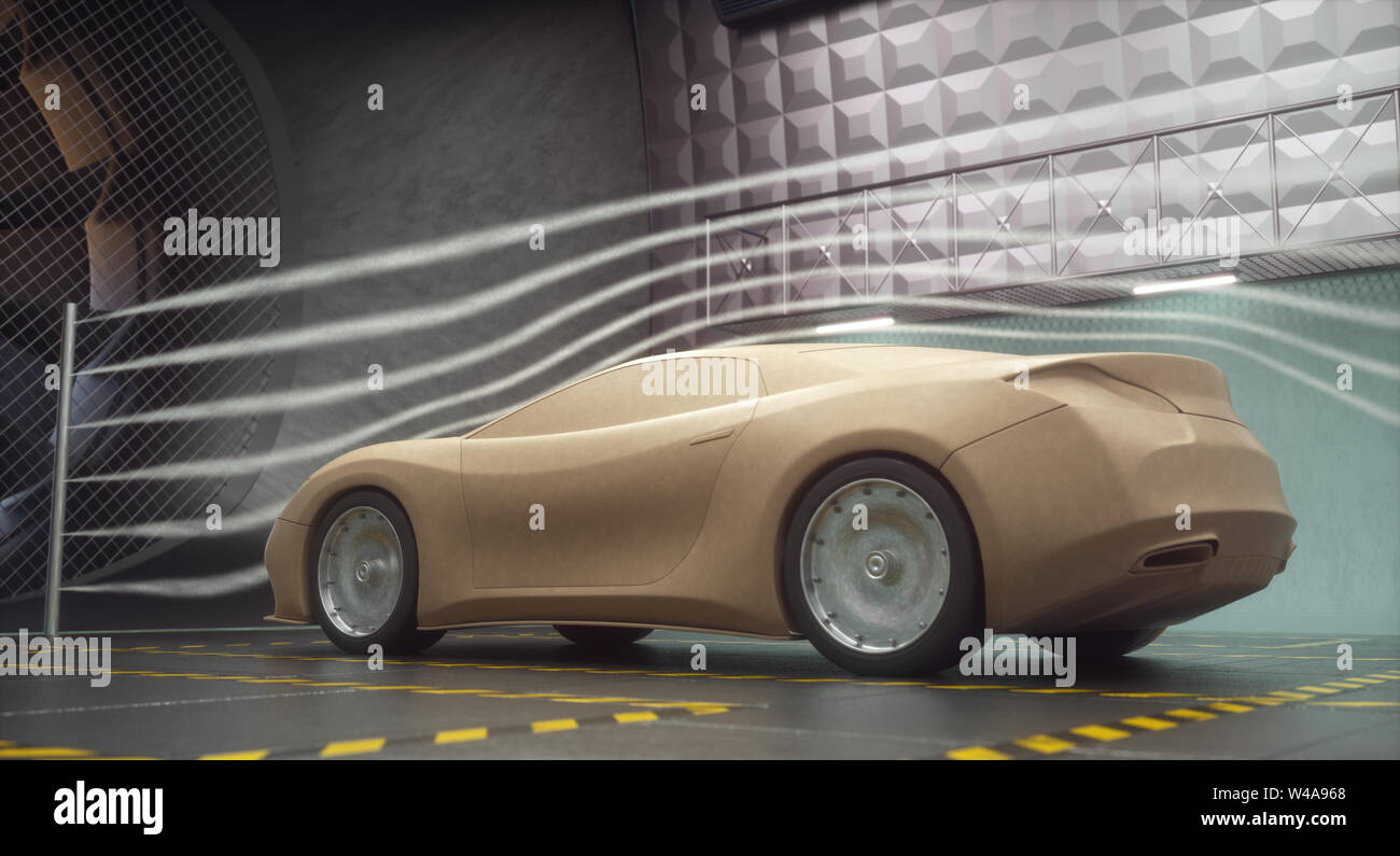 3D illustration. Clay car inside wind tunnel. Design without real car reference and without copyright. Concept sports car, industry of transportation. Stock Photo