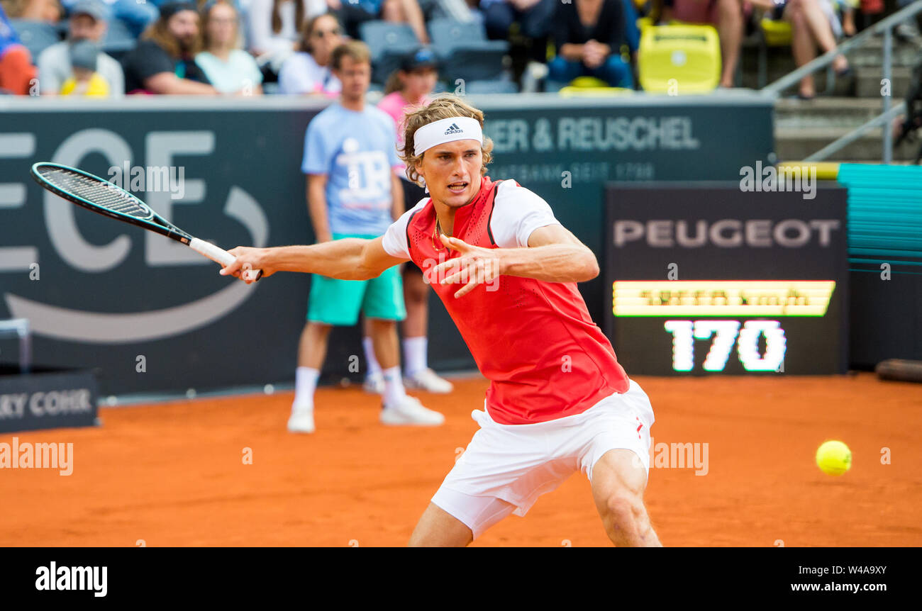 Hamburg, Germany. 21st July, 2019. Tennis, Hamburg European Open at the  Rothenbaum stadium, show match: Alexander Zverev from Germany plays with  Schett-Eagle from Austria against Massu from Chile and Majoli from Croatia.