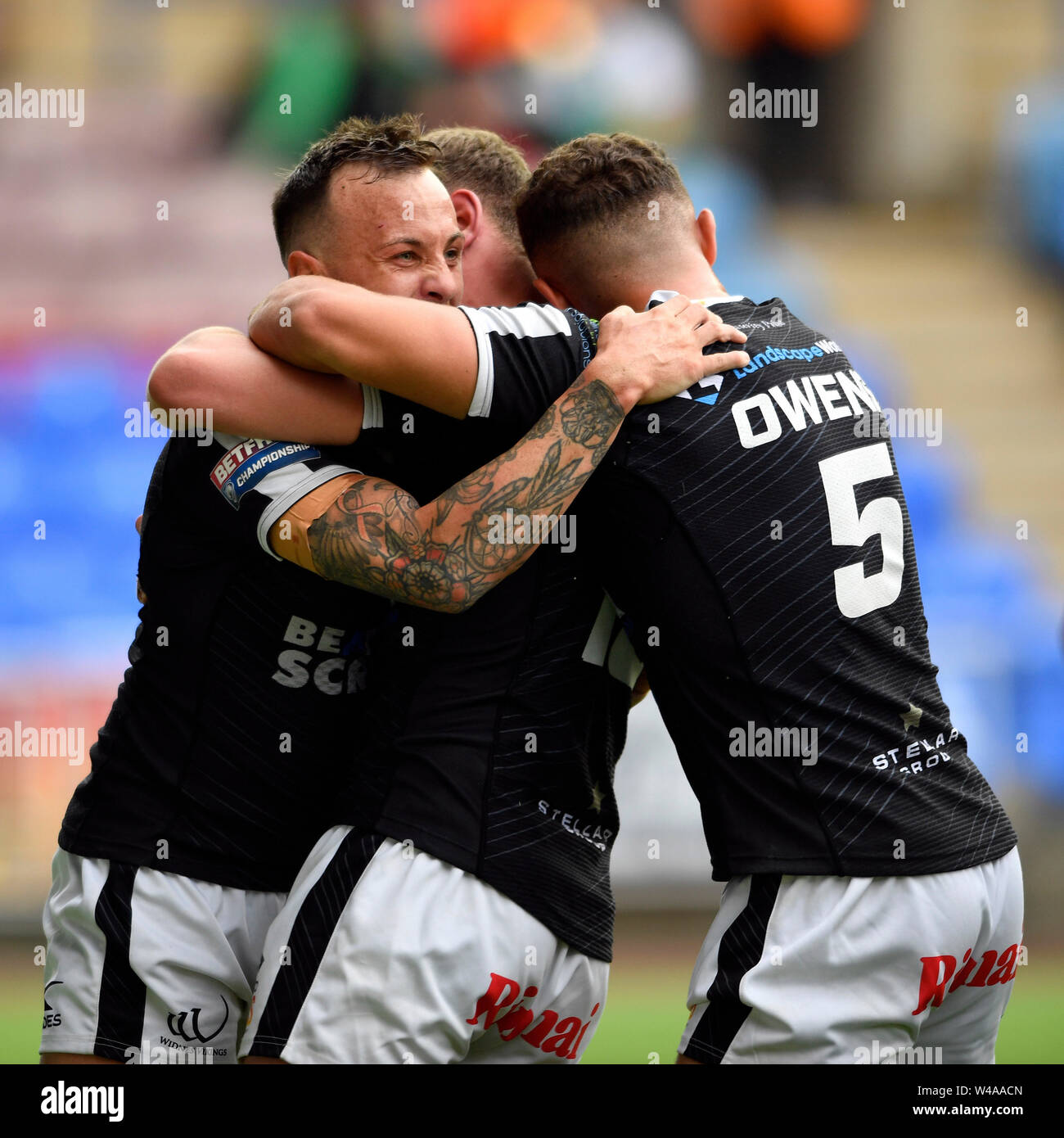 Halton Stadium, Widnes, Cheshire, UK. 21st July, 2019. Betfred Rugby League, Widnes Vikings versus Toronto Wolfpack; Jack Owens of Widnes Vikings celebrates with try scorer Danny Craven, after he made the score 10 - 4 Credit: Action Plus Sports/Alamy Live News Stock Photo