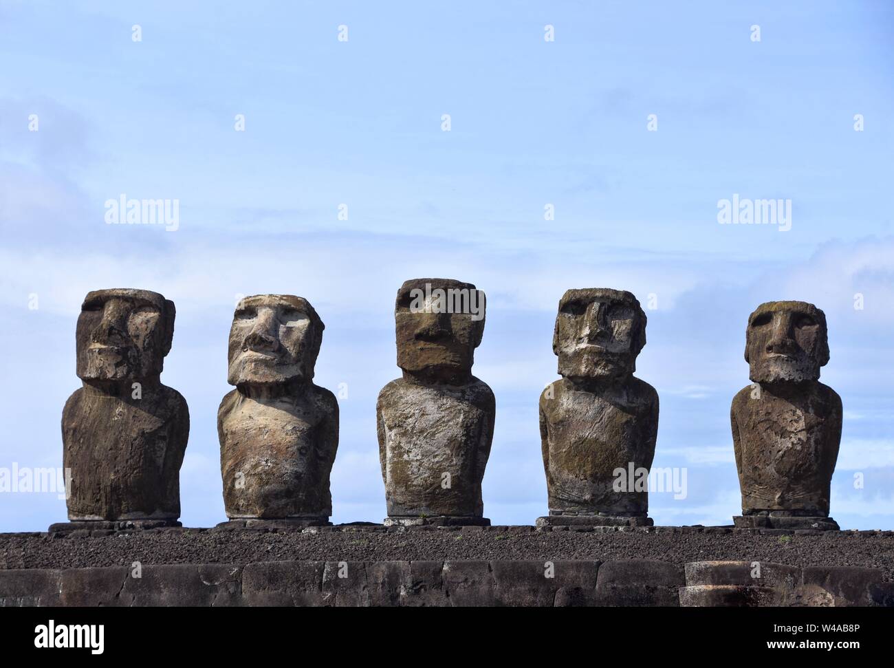 The mysterious Ahu Tongariki Moai heads of the Easter Island, Chile Stock Photo