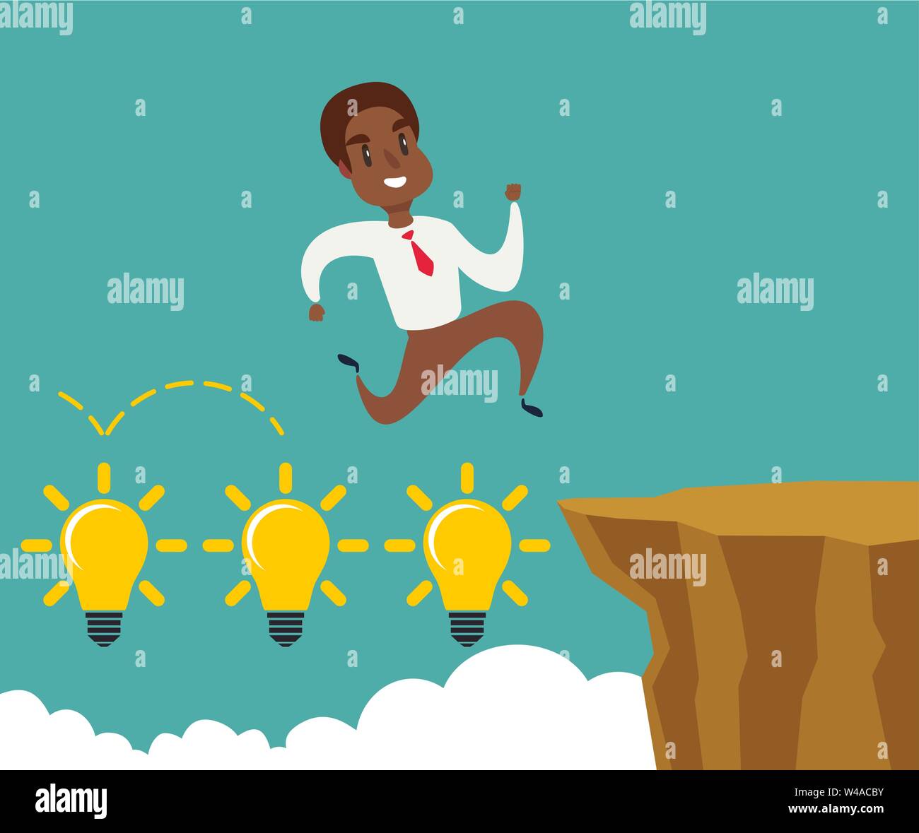 black african american businessman running and jump over cliff gap to success, overcome the difficulty, Business concept Stock Vector