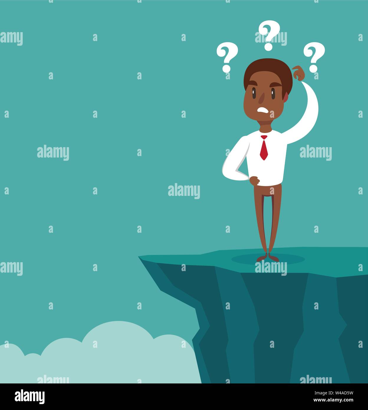 Gap on way to success. black african american businessman standing in front of abyss. Business challenge concept. Stock Vector