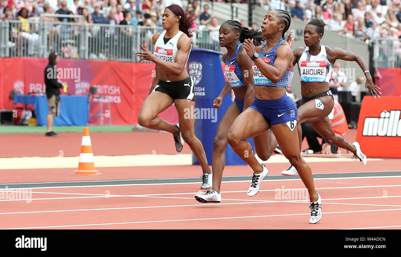 Jamaica's Shelly-Ann Fraser-Pryce (2nd right) wins the Women's 100 final ahead of Great Britain's Dina Asher-Smith (centre) who took Silver, during day two of the IAAF London Diamond League meet at the London Stadium. Stock Photo