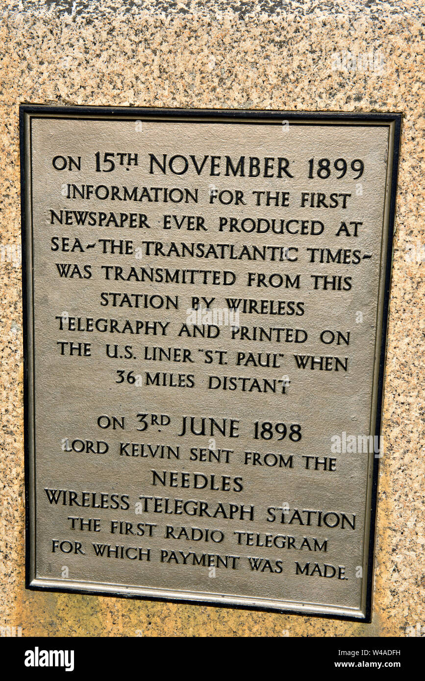 Memorial plaque describing Marconi's early wireless transmission trials where the first newspaper was produced at sea and the first paid telegram sent Stock Photo