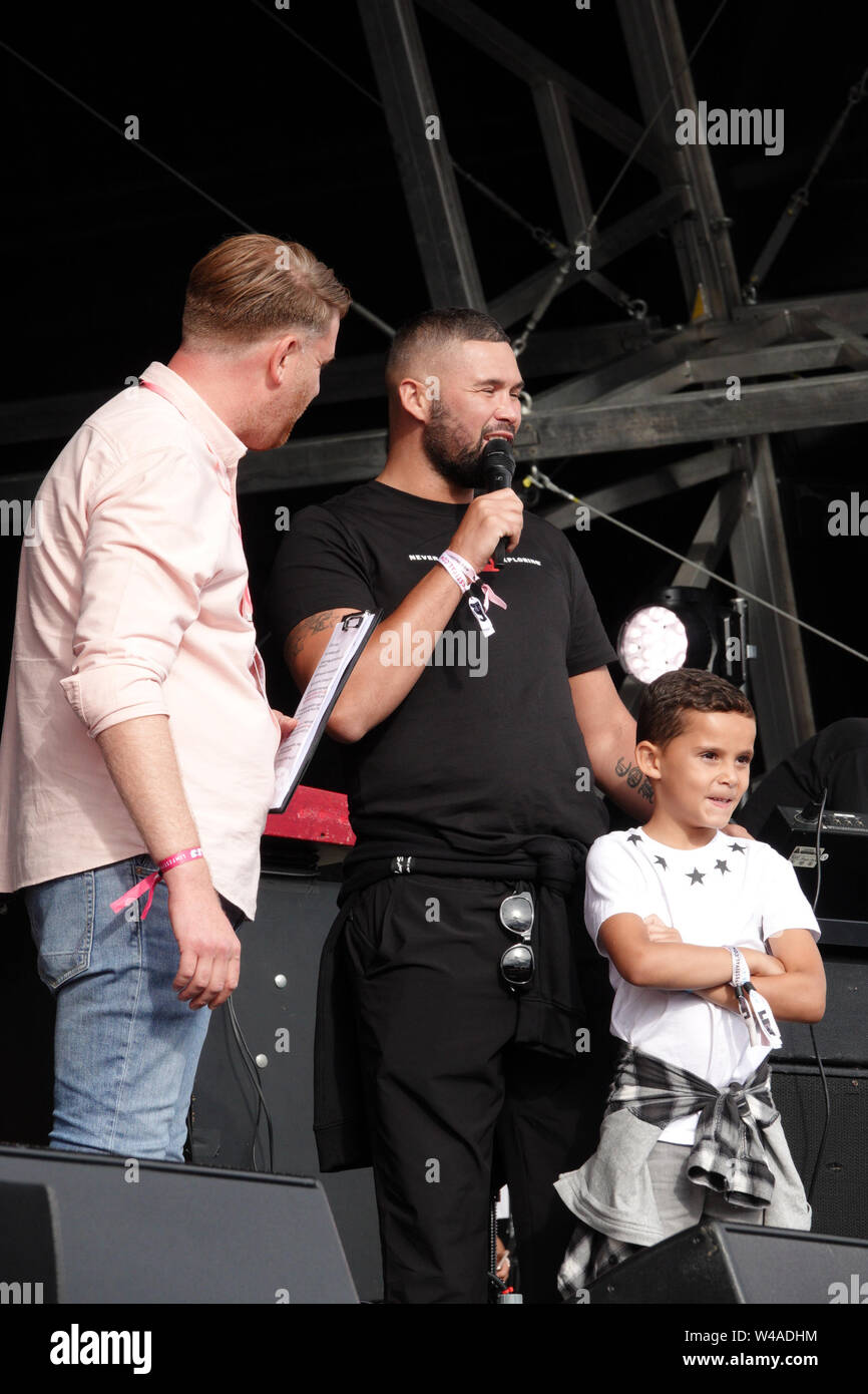 Sefton Park, Liverpool, UK. 21st July 2019. Liverpool boxer Tony Bellew speaks on stage at the 2019 Liverpool International Music Festival (LIMF). Liverpool International Music Festival is in its 7th year at Sefton Park, with more than 70 acts, on 4 stages, spread over 2 days, bringing both international and homegrown talent to the park. Credit:Ken Biggs/Alamy Live News. Stock Photo