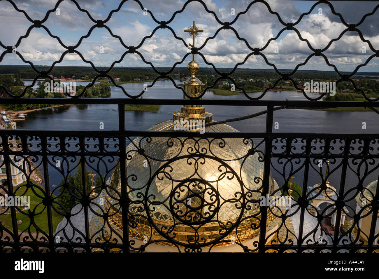 View from the bell tower of Epiphany Cathedral of  Nilov Monastery on Stolobny Island in Lake Seliger, Tver region, Russia Stock Photo