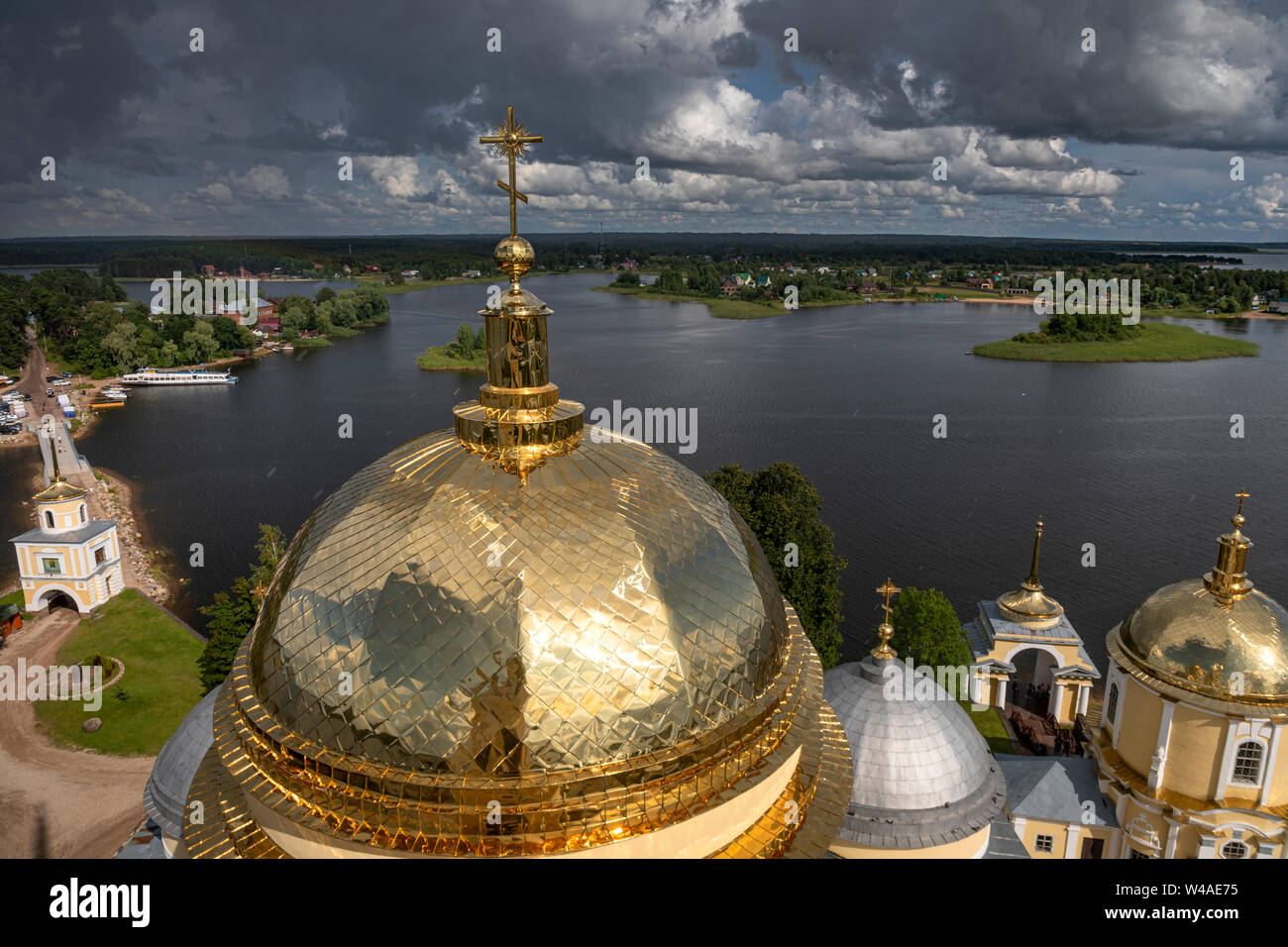 View of orthodox temples of  Nilov Monastery on Stolobny Island in Lake Seliger, Tver region, Russia Stock Photo