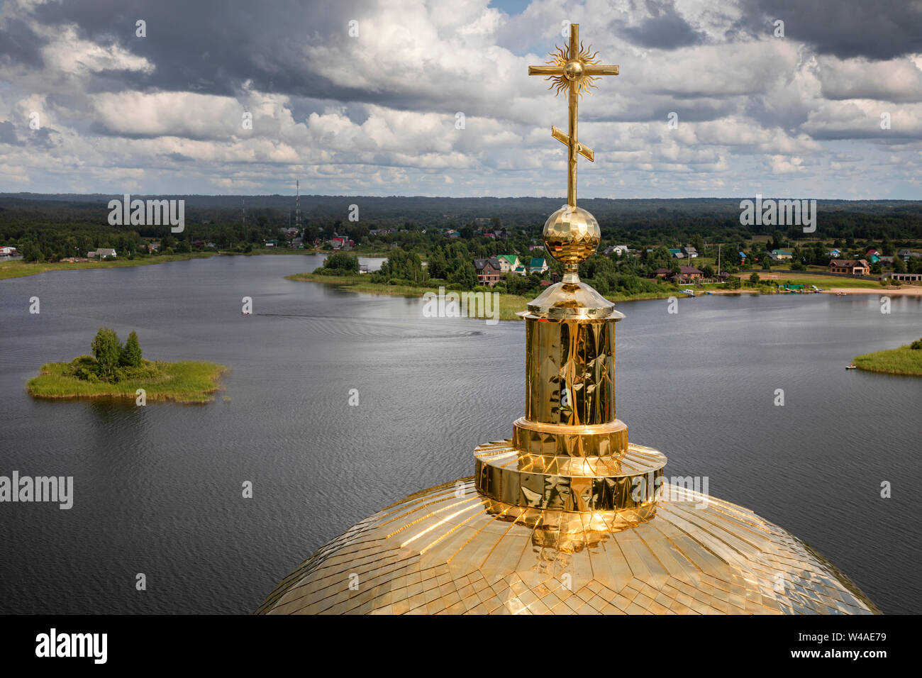 View of orthodox temples of  Nilov Monastery on Stolobny Island in Lake Seliger, Tver region, Russia Stock Photo