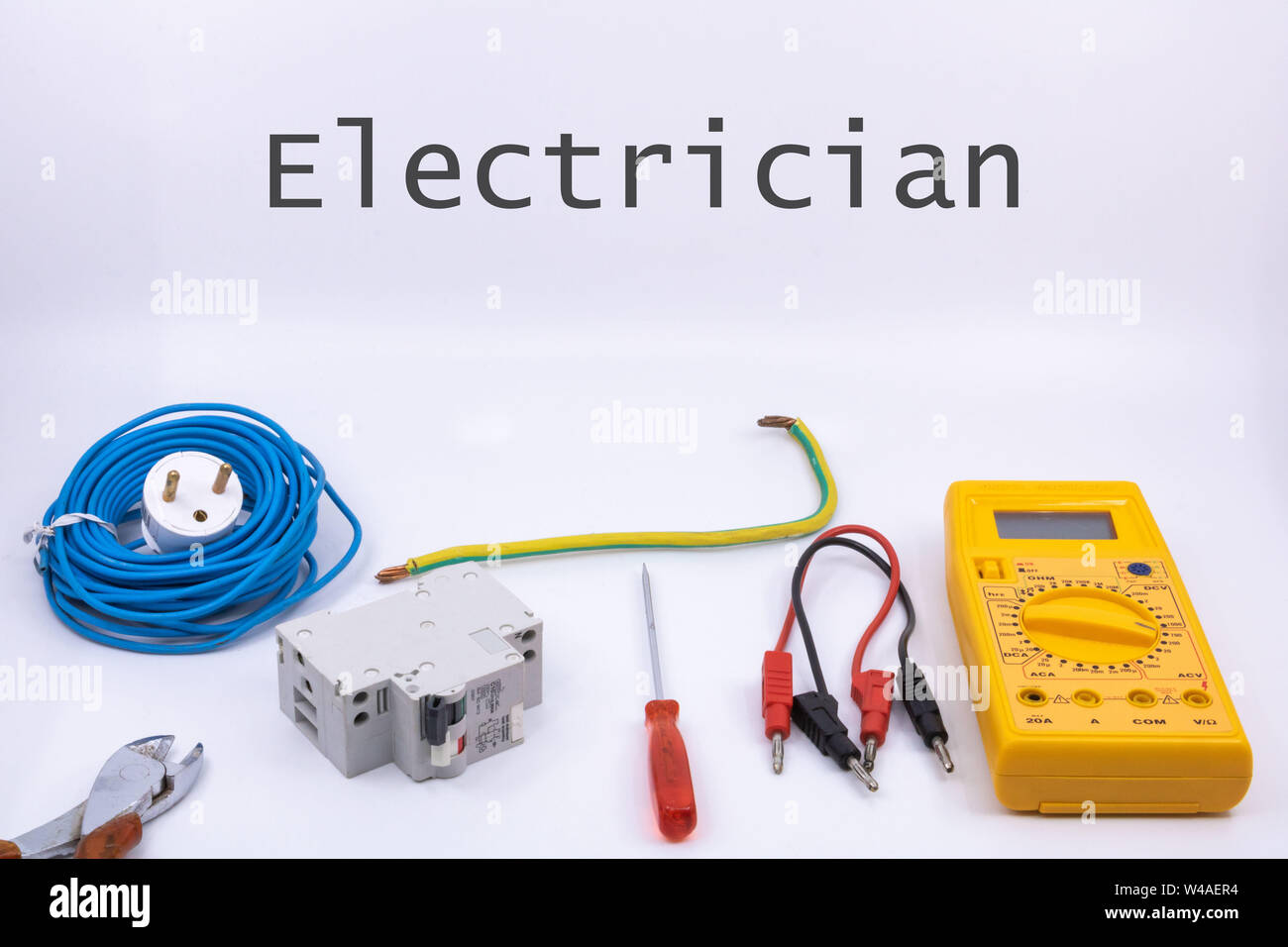 electrician occupation (electrician is written in English) graphic resource with house plan and electricity equipment for electrician Stock Photo