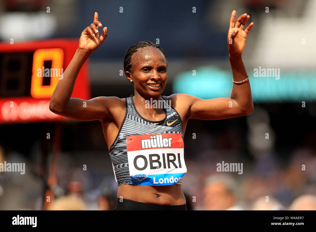 London, UK. 21st July, 2019. Helen Obiri of Kenya celebrates winning the Women's 5000m. Muller Anniversary Games 2019, London Grand Prix at the London Stadium, Queen Elizabeth Olympic Park in London on Sunday 21st July 2019. this image may only be used for Editorial purposes. Editorial use only . pic by Steffan Bowen/Andrew Orchard sports photography/Alamy Live news Credit: Andrew Orchard sports photography/Alamy Live News Stock Photo