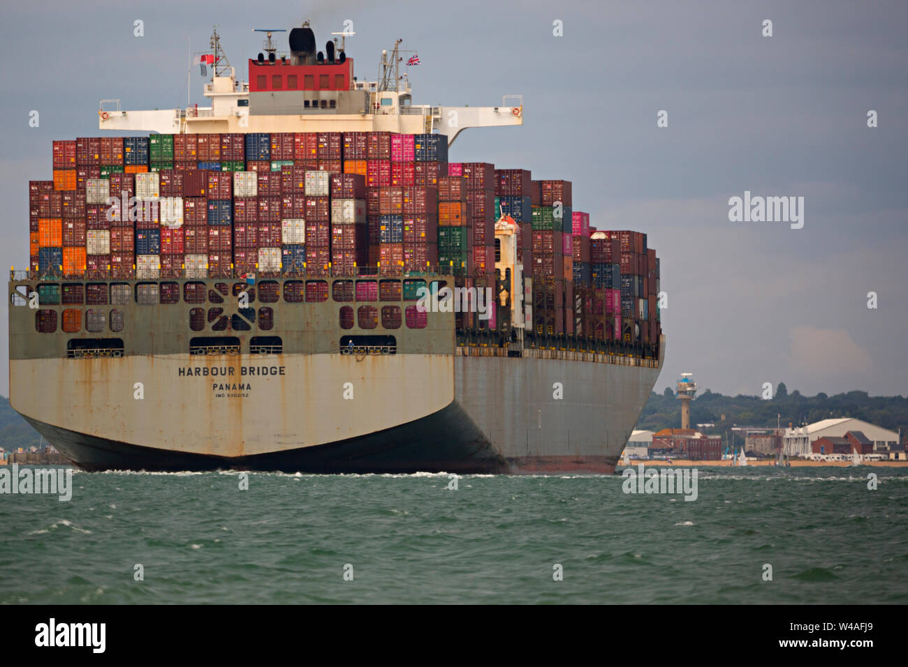 Ship,Harbour Bridge,,Panama, Container,Ship,Southampton,Terminal,The Solent,China,Europe,import,trade, Stock Photo