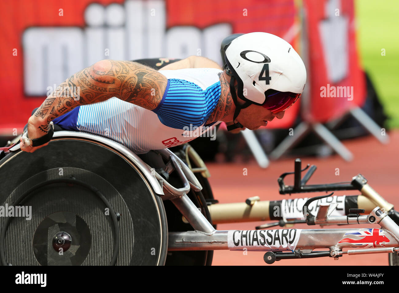 London, UK. 21st July 19. Richard CHIASSARO (Great Britain) competing in the Men's T53/54 800m Final at the 2019, IAAF Diamond League, Anniversary Games, Queen Elizabeth Olympic Park, Stratford, London, UK. Credit: Simon Balson/Alamy Live News Stock Photo