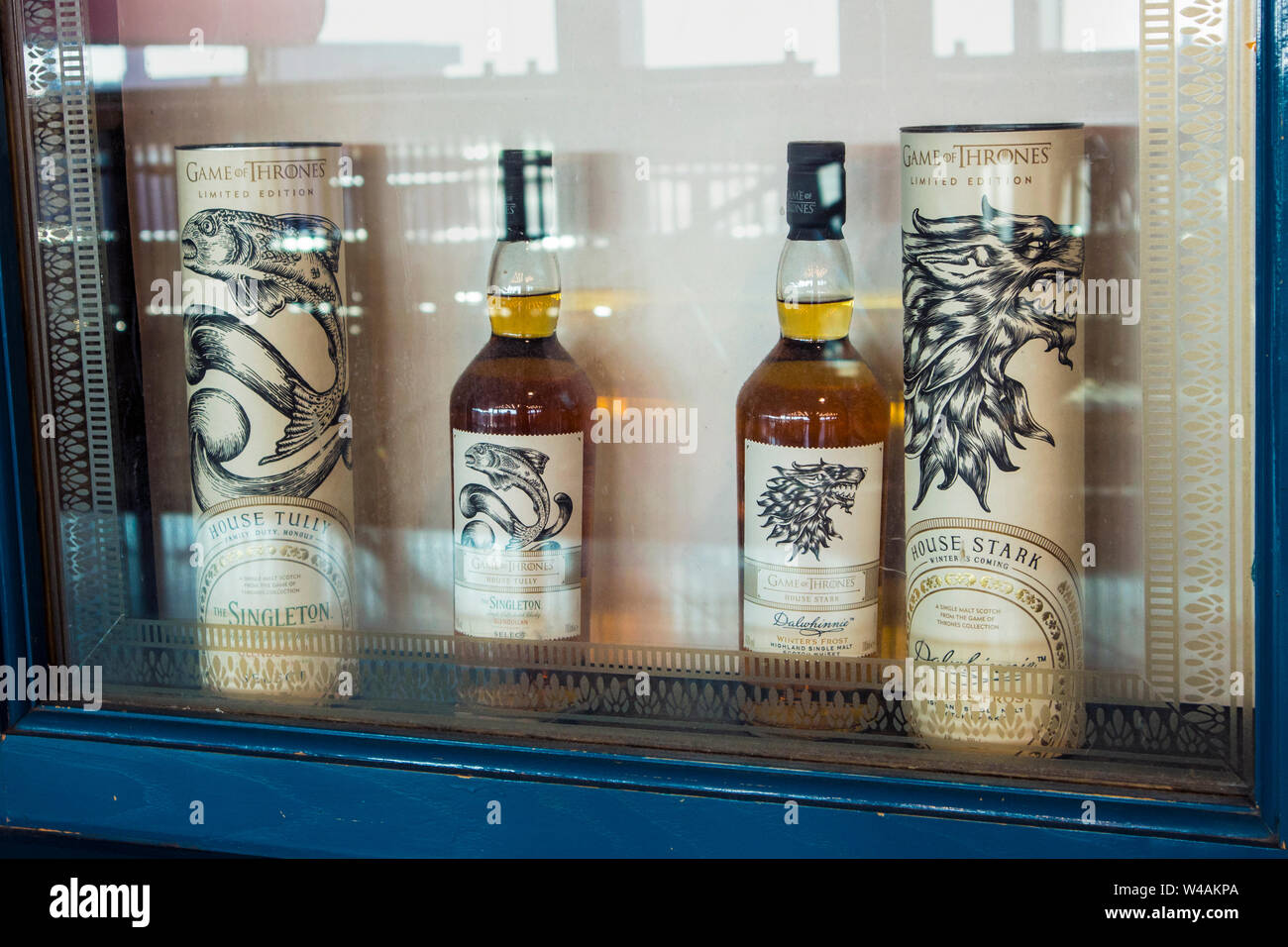 Helsinki, Vantaa/ Finland-21JUL2019: Game of Thrones theme whisky drink set on display window by Talisker. Stock Photo