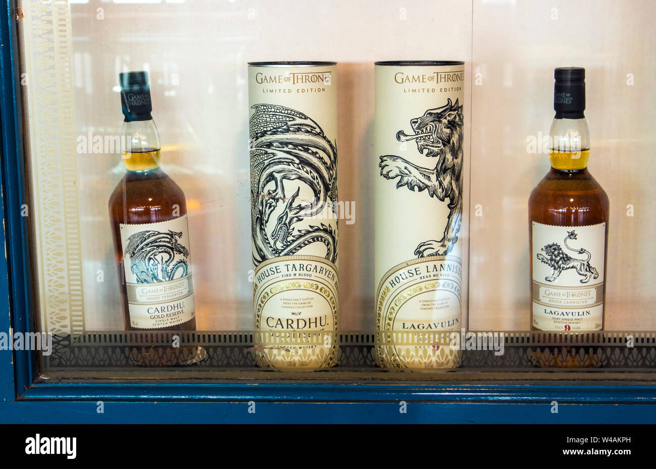 Helsinki, Vantaa/ Finland-21JUL2019: Game of Thrones theme whisky drink set on display window by Talisker. Stock Photo