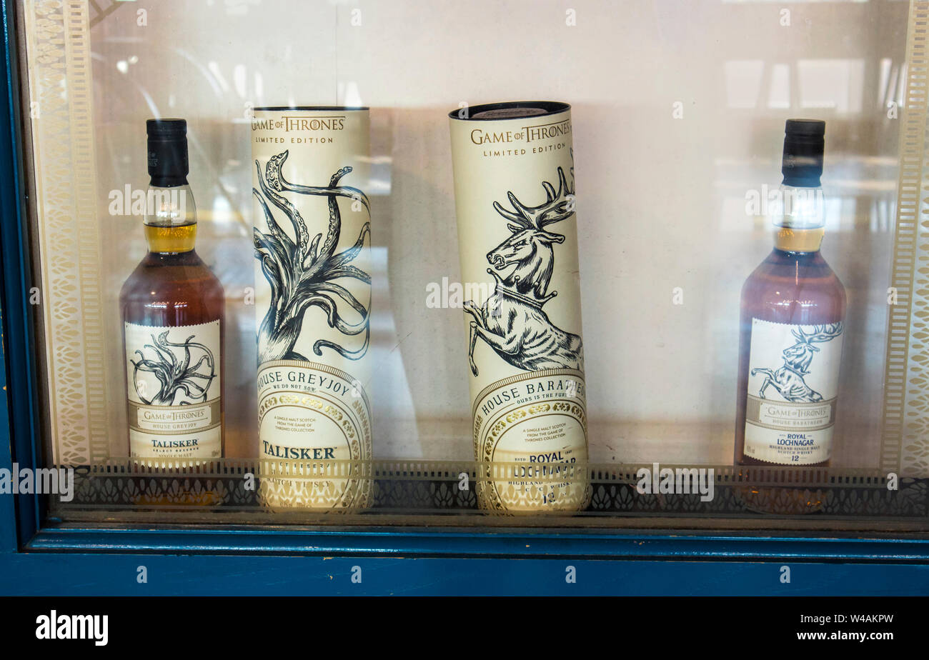 Helsinki, Vantaa/ Finland-21JUL2019: Game of Thrones theme whisky drink set on display window by Talisker. Stock Photo