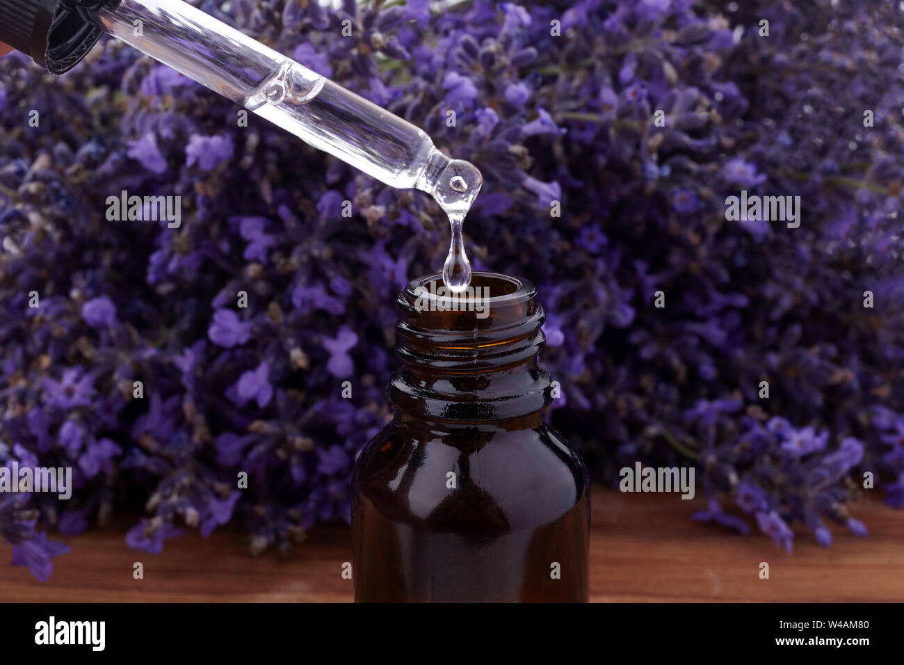 Pipette dropping essential oil into a glass bottle on lavender background. Close up Stock Photo